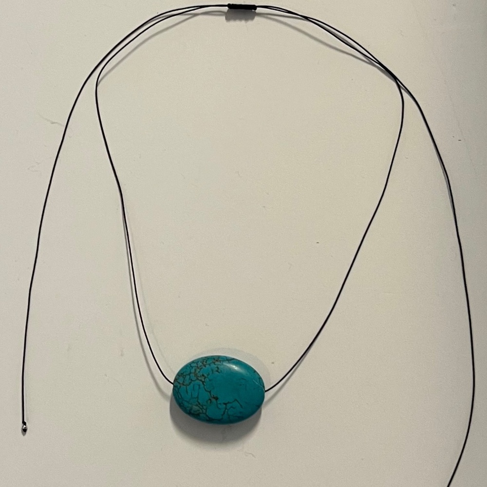 Turquoise blue slice oval bead black cord adjustable necklace